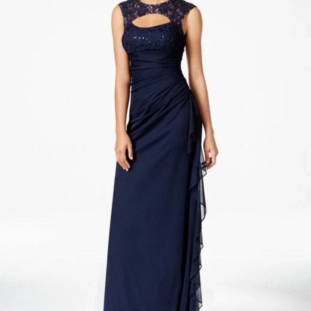 Betsy & Adam Ruched Cutout Navy Blue Long Formal Dress Size: 6